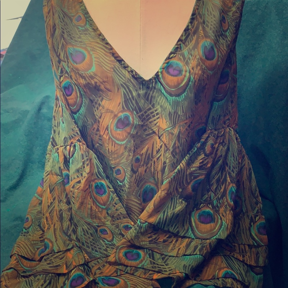 Sheer long slv. peacock shirt w/ruffle bell sleeve